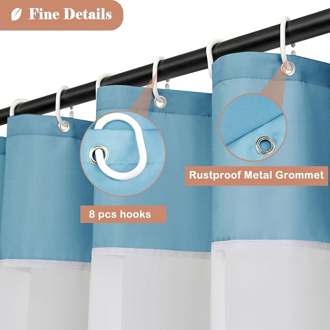 UFRIDAY Small Shower Curtain 48 x 72 inches,Light Blue Fabric Shower Curtain with Mesh Window, Modern Polyester Water Repellent Bathroom Liner