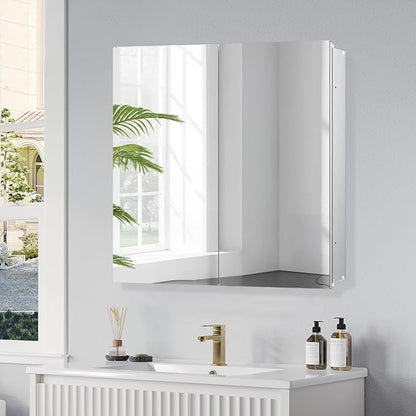 Medicine Cabinet with 26x30 inch Mirror, Mirror Cabinet with Assembly Needed, Aluminum Surface Mount or Recessed Wall Cabinet, Adjustable Glass Shelves, Suitable for Bathroom Bedroom
