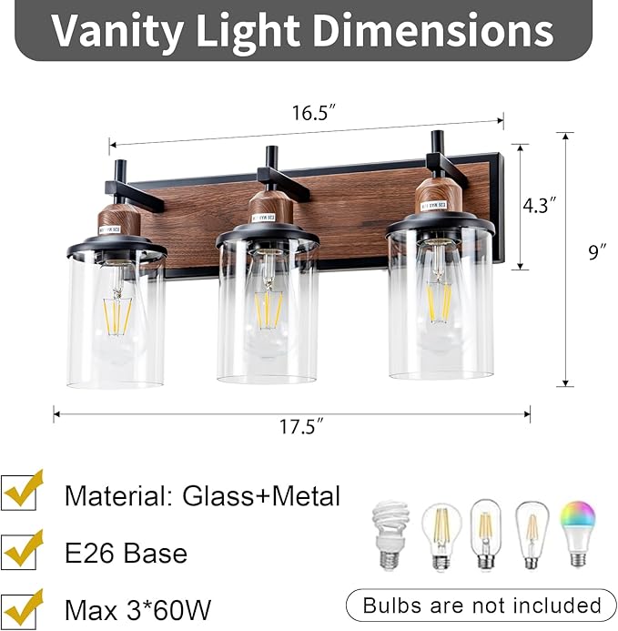3-Light Farmhouse Bathroom Light Fixtures Vintage Vanity Lights Over Mirror Black and Wood Painted Metal Vanity Light with Glass Shades E26 Socket