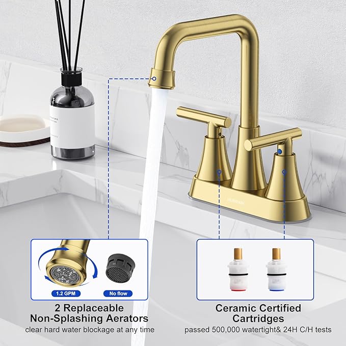 Bathroom Sink Faucet, Hurran 4 inch Brushed Gold Bathroom Faucets for Sink 3 Hole with Pop-up Drain and Supply Hoses, 360 Swivel Spout 2-Handle Centerset Faucet for Vanity RV Farmhouse