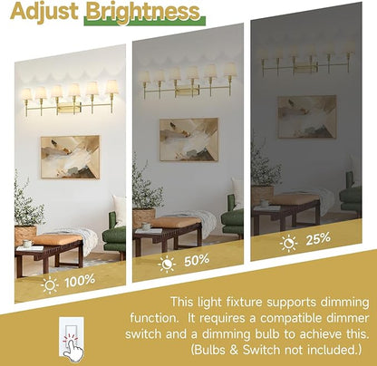 6-Light Bathroom Light Fixtures,50 in Vintage Bathroom Vanity Lights Over Mirror,Antique Brass Wall Sconce with Flared White Fabric Lampshade for Bedroom,Living Room,Foyer,Hardwired,E12 Base