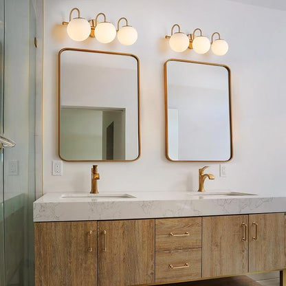 Bathroom Vanity Light, 22.6-Inch Modern Dimmable 3-Light Bathroom Light Fixture Over Mirror, Brass Finish with Frosted Glass Globe Wall Sconce