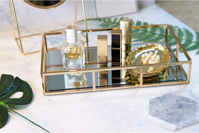 PuTwo Tray Mirror, Gold Dresser Ornate Tray Metal Decorative Tray Jewelry Perfume Organizer Makeup Tray for Vanity, Dresser, Bathroom, Bedroom | Gold Tray Jewelry Perfume Organizer Makeup Tray for Vanity Dresser Bathroom Bedroom