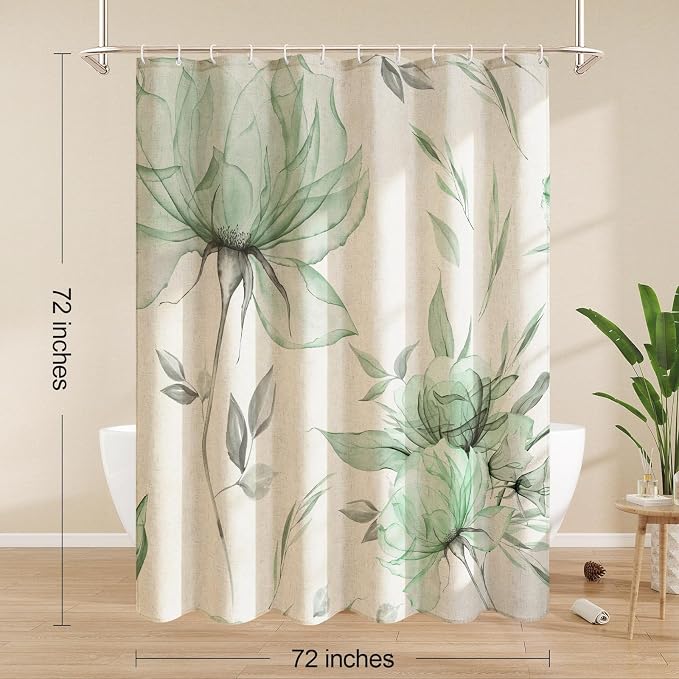 Litabel Farmhouse Green Floral Linen Shower Curtain, Boho Vintage Spring Cotton Shower Curtains for Chic Elegant Bathroom Decor, Ink Painting Style Blossom Fabric Bath Curtain, 72 x 72