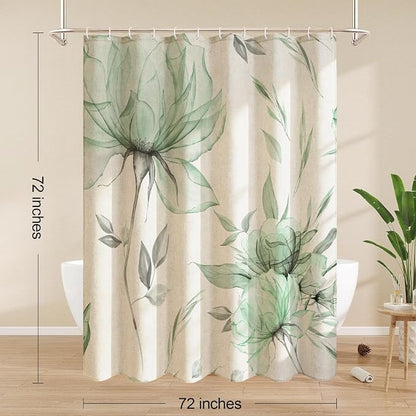 Litabel Farmhouse Green Floral Linen Shower Curtain, Boho Vintage Spring Cotton Shower Curtains for Chic Elegant Bathroom Decor, Ink Painting Style Blossom Fabric Bath Curtain, 72 x 72
