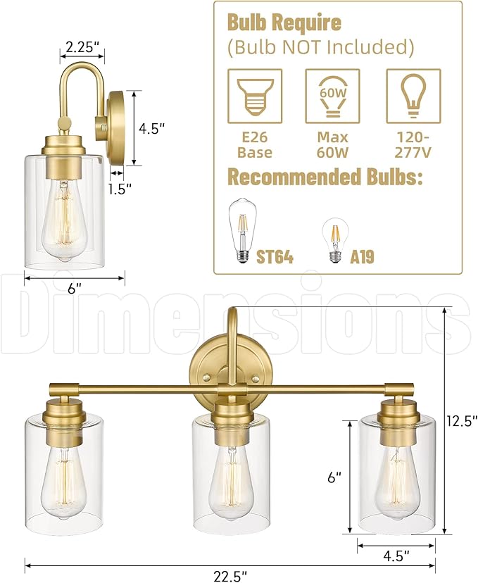 Gold Bathroom Light Fixtures, 3-Light Vanity Light Over Mirror Lighting with Cylinder Glass Shade, KW-7306-3