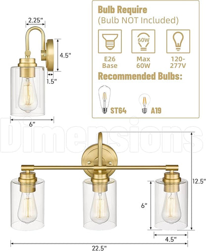 Gold Bathroom Light Fixtures, 3-Light Vanity Light Over Mirror Lighting with Cylinder Glass Shade, KW-7306-3
