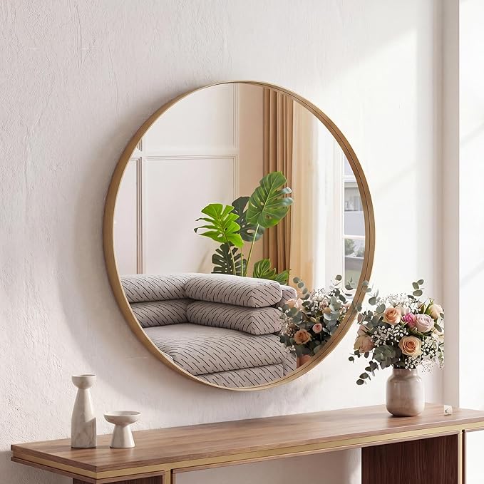 Sweetcrispy 24 Inch Round Bathroom Wall Mirror, Circle Vanity Mirror | Matte Metal Frame Mirrors fo over Sink, Home Decor, Living Room, Bedroom Hang Mount, Gold