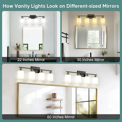 Ascher Bathroom Light Fixtures, 4-Light Vanity Light Over Mirror, Black and Gold Wall Sconces with Milky White Frosted Glass Shades, Wall Lamp for Living Room Bedroom, E26 Base(Bulbs Not Included)