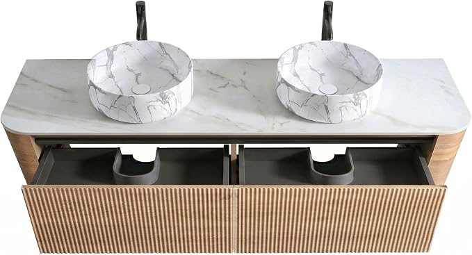 72" Preassembled Double Floating Bathroom Vanity with Carrara Sink, Oak | Mid-Century Modern Style, Fluted & Soft-Close Drawer with U-shaped Wall, Sinterted Stone Countertop, Towel Rack Included