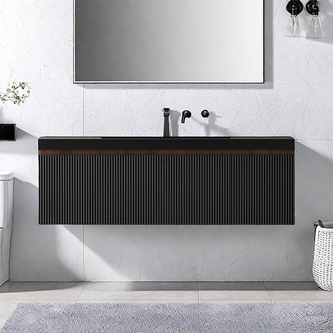 Wall Mounted Bathroom Sink Vanity, Modern 48" Floating Vanity with Resin Basin, U-Shaped Soft-Close Storage Drawer & Side Door, Striped Bathroom Storage Cabinet with Invisible Handle, Black