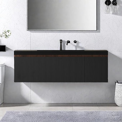 Wall Mounted Bathroom Sink Vanity, Modern 48" Floating Vanity with Resin Basin, U-Shaped Soft-Close Storage Drawer & Side Door, Striped Bathroom Storage Cabinet with Invisible Handle, Black