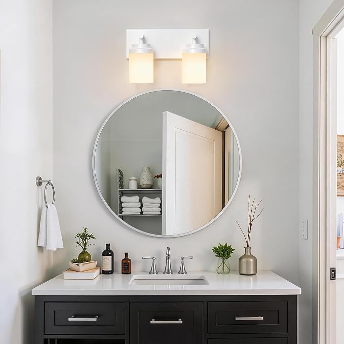 IZORRO Bathroom Vanity Light Fixture, 2-Light 15 Inch White Bathroom Light Fixtures Over Mirror, with White Glass Shade, Modern Farmhouse Vanity Lights, Rustic Restroom Lighting Fixtures