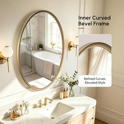 Brushed Gold Oval Bathroom Mirror 20x28 Inch | Vanity Wall Mirror, Crystal-Clear HD Glass, Rust-Proof Aluminum Frame, Inner-Curved Decor for Bedroom, Entryway Renovation