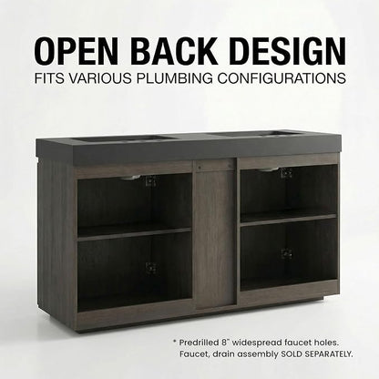 60" Double Bathroom Vanity with Sink (8" Widespread Faucet Holes Predrilled), Mid Century Modern Bathroom Cabinet with 4 Doors & Shelves, Matte Black Sink with Overflow, Smoked Oak