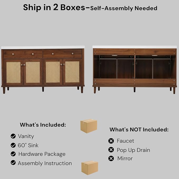 60" Farmhouse Double Sink Bathroom Vanity with Double Sinks, Soft Closing Doors and Flip-Out Drawers, Solid Wood Frame & MDF Wood Bathroom Sink Cabinet, Freestanding Solid Wood Legs