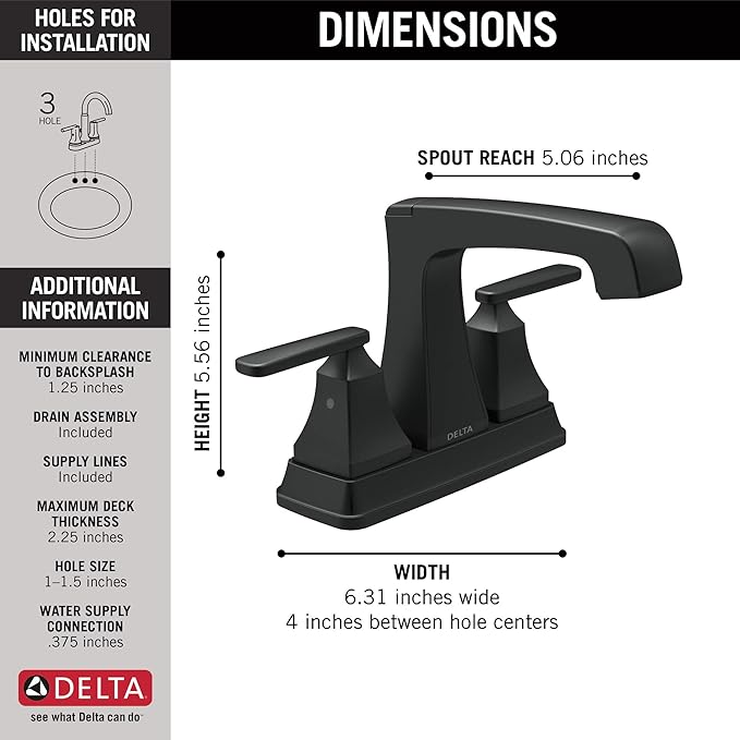 Delta Faucet Ashlyn Centerset Bathroom Faucet, Black Bathroom Sink Faucet, 2 Handle Bathroom Faucet, Diamond Seal Technology, Metal Drain Assembly, Matte Black 2564-BLMPU-DST