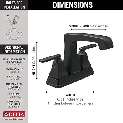 Delta Faucet Ashlyn Centerset Bathroom Faucet, Black Bathroom Sink Faucet, 2 Handle Bathroom Faucet, Diamond Seal Technology, Metal Drain Assembly, Matte Black 2564-BLMPU-DST