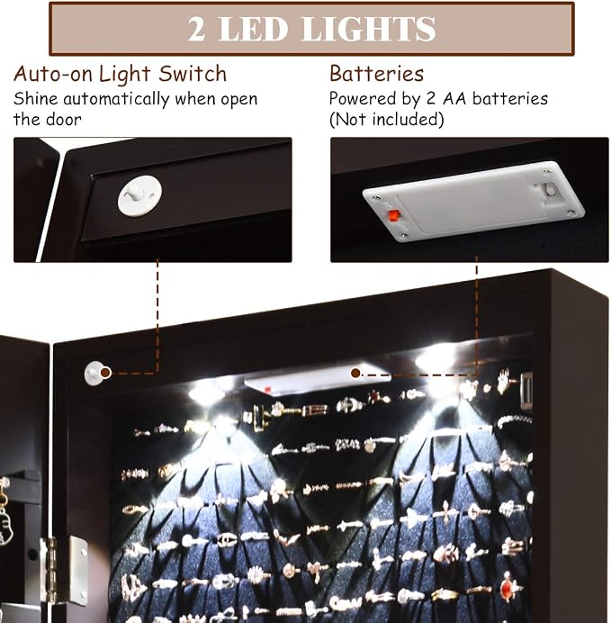 Giantex Wall Door Mounted Jewelry Armoire Cabinet with 47.5" H Full Length Mirror, 2 LEDs Lockable Jewelry Organizer Box with Bracelet Rod, 2 Drawers, Large Storage Capacity (Espresso)