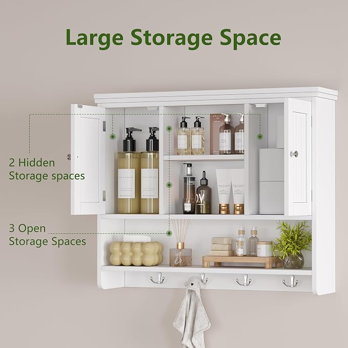 Bathroom Wall Cabinet with Doors and Hooks, 3-Tier Wall Mounted Cabinet | Modern Medicine Cabinet with 3 Open Shelves, Over the Toilet Storage Cabinet for Kitchen, Laundry Room, Living Room, White