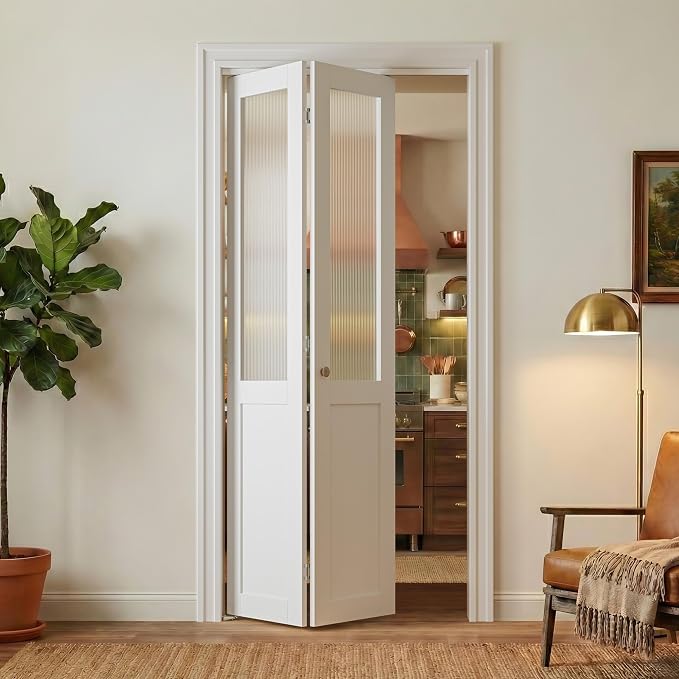 SMARTSTANDARD 30" x 80" Reeded Glass Bifold Closet Doors, Preassembled, MDF | Water-Proof PVC Surface, Half Tempered Glass with Hardware Kit, White Interior Slab for Kitchen, Closet, Pantry, White