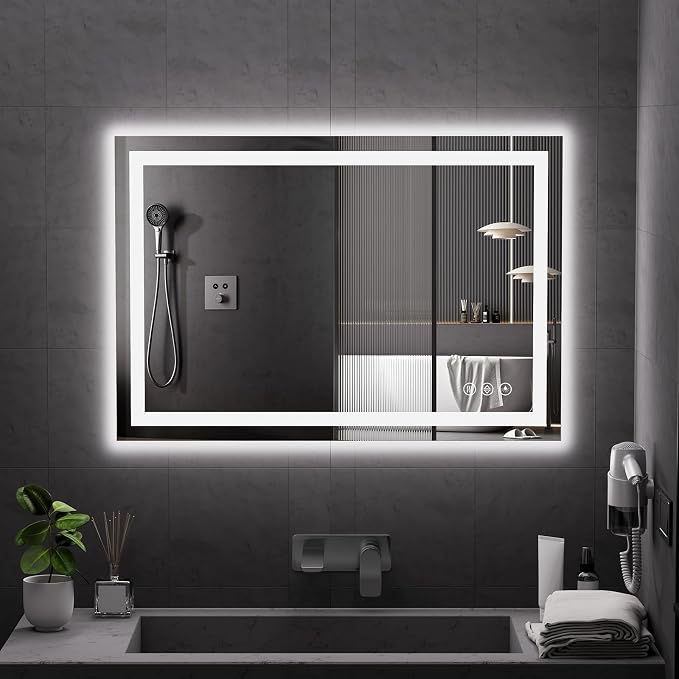 Koonmi 38x26 LED Bathroom Mirror, Shatterproof Mirror with Light | 90CRI Vanity Mirror with Anti-fog Backlit + Front Lit, 3 Color, Easy Install for Bathroom Hotel (IP65)