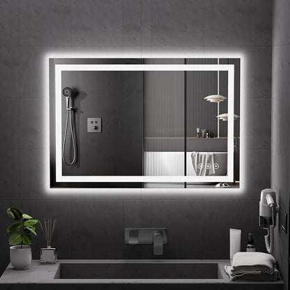 Koonmi 38x26 LED Bathroom Mirror, Shatterproof Mirror with Light | 90CRI Vanity Mirror with Anti-fog Backlit + Front Lit, 3 Color, Easy Install for Bathroom Hotel (IP65)