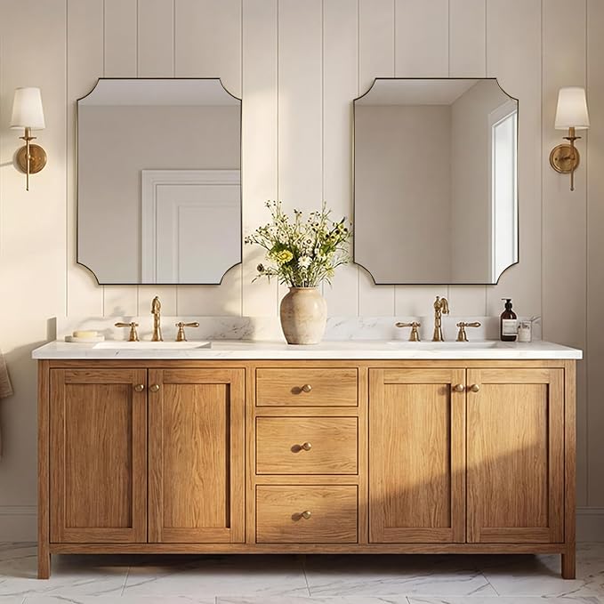 24x30 Inch Gold Mirror, Bathroom Vanity Mirrors, Antique Champagne Bronze Mirror with Rustproof Stainless Steel Thin Frame, Aesthetic Scalloped Corners, Designed for Bathroom Remodel