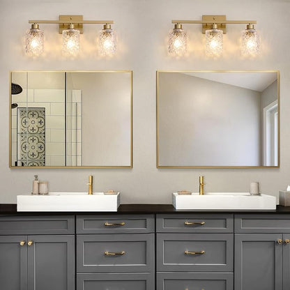 Mecgirn Stainless Steel Bathroom Vanity Light Over Mirror, 3 Light Brushed Gold Bathroom Light Fixtures with Textured Glass Shades,Ceramic E26 Sockets Wall Mounted Vanity Lights for Bathroom