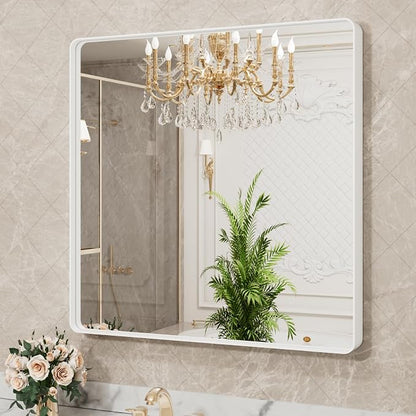 LOAAO 38x38 Inch White Metal Framed Bathroom Mirror | Rounded Rectangle, Anti-Rust, Tempered Glass, Hangs Horizontally or Vertically