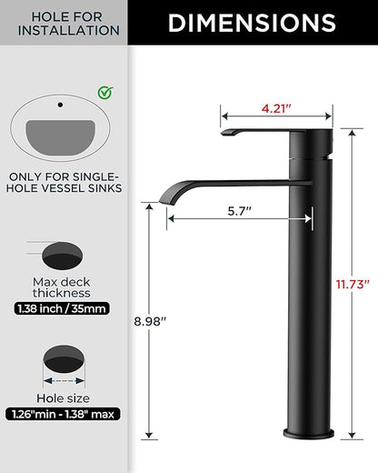 FORIOUS Black Bathroom Vessel Sink Faucet One Hole with Pop up Drain and 24 Inch CUPC Supply Hose, Waterfall Single Handle Matte Black Bathroom Faucet 1 Hole RV, Tall Basin Sink Tap