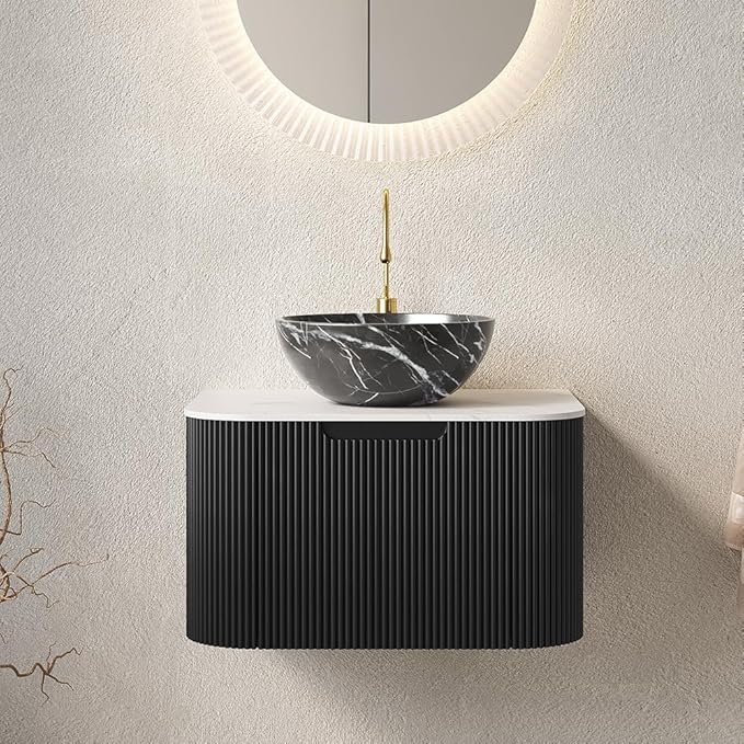 24'' Bathroom Vanities Cabinet with Sink Combo, Wall Mounted Floating Cabinet W/Curved Edges Stripes, Oak Plywood, Soft-Close System with a Drawer, Black Bowl Ceramic Basin - Kiel, Black/R