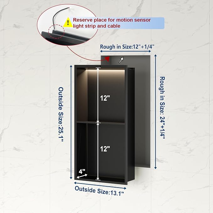 2-Tiers Smart Body Sensor Shower Niche, Black 24"x12" | Recessed Wall Niche with White 3000K LED Light , Waterproof &Rustproof, 304 Stainless Steel Bathroom Cabinet