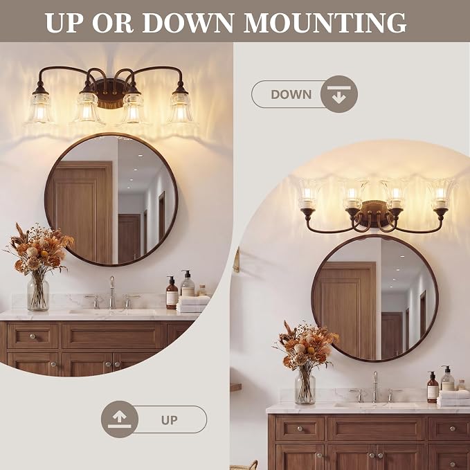 4-Light Vintage Bathroom Light Fixtures, Oil Rubbed Bronze | Vanity Lights Over Mirror with Floral Glass Shade for Bathroom Powder Room, Living Room Hallway