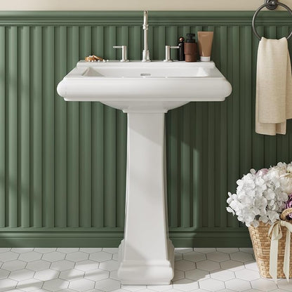 Pedestal Sink Square Ceramic Basin with 8 inch 3-Hole Installation, Spacious Bathroom Sink for Home Vanity Projects, Elegant Pedestal Style for Bathroom Remodels