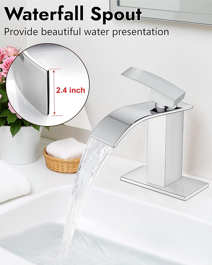 Midanya Bathroom Faucet with Waterfall Spout, Single Hole or 3-Hole Deck Mount, 304 Stainless Steel Sink Faucet with Pop-Up Drain, RV Vanity Compatible,Polish Chrome