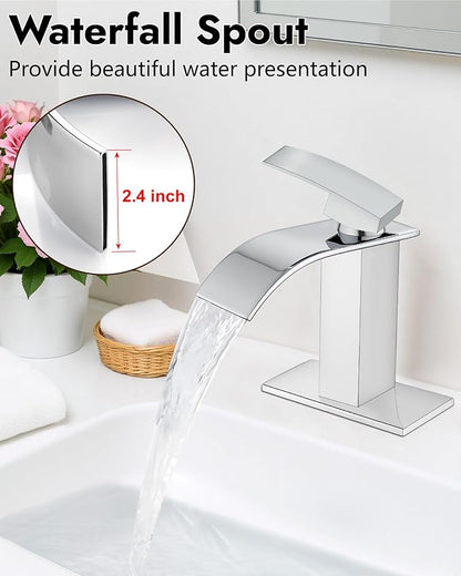 Midanya Bathroom Faucet with Waterfall Spout, Single Hole or 3-Hole Deck Mount, 304 Stainless Steel Sink Faucet with Pop-Up Drain, RV Vanity Compatible,Polish Chrome