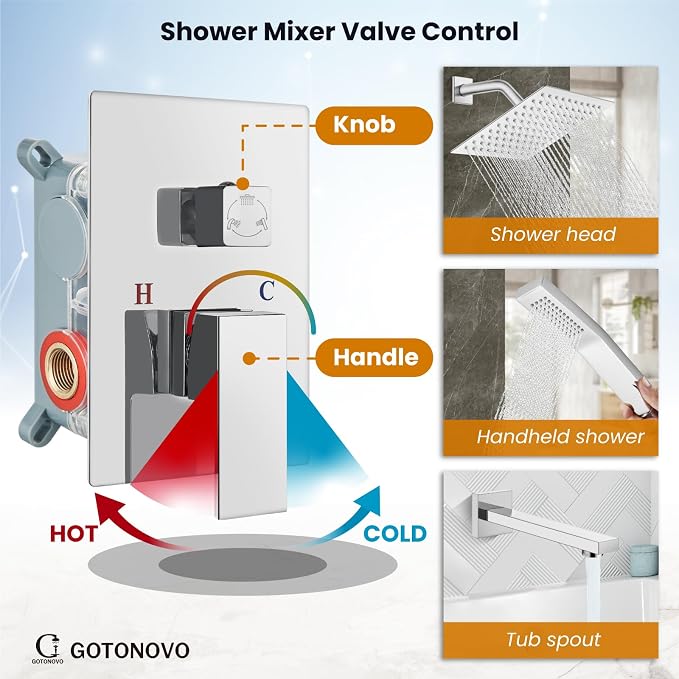 gotonovo Bathtub Shower Faucet Set, 8 Inch Shower Head, Polish Chrome | Wall Mounted Shower System with Tub Spout for Bathroom, Square High Pressure Rain Shower head with Handheld Spray, All Metal