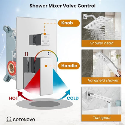 gotonovo Bathtub Shower Faucet Set, 8 Inch Shower Head, Polish Chrome | Wall Mounted Shower System with Tub Spout for Bathroom, Square High Pressure Rain Shower head with Handheld Spray, All Metal