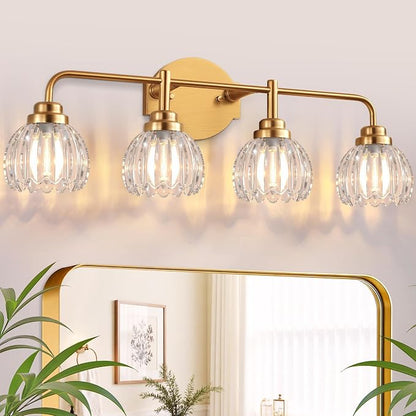 Vintage Bathroom Vanity Light, 4 Light Brushed Gold Fixture Over Mirror | Vintage Vanity Light, Brushed Gold Metal & Crystal Glass Shade, 4 Light Fixture Over Mirror for Bathroom Bedroom