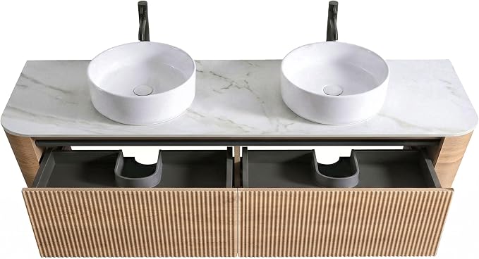 72" Preassembled Double Floating Bathroom Vanity with Round Sink, Oak | Mid-Century Modern Style, Fluted & Soft-Close Drawer with U-shaped Wall, Sinterted Stone Countertop, Towel Rack Included