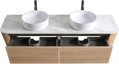 72" Preassembled Double Floating Bathroom Vanity with Round Sink, Oak | Mid-Century Modern Style, Fluted & Soft-Close Drawer with U-shaped Wall, Sinterted Stone Countertop, Towel Rack Included