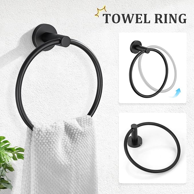 TURS Black 5 Piece Bathroom Towel Bar Set Bathroom Hardware Set, 23.6 inch Bathroom Accessories Kit Set, SUS304 Stainless Steel Wall Mounted