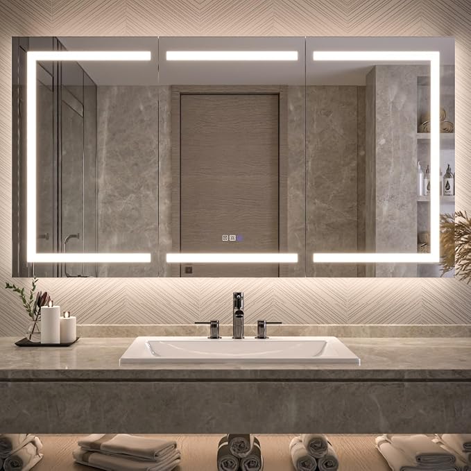 Neftis 66x36 Medicine Cabinet with Lights & Magnifier & Mirrors, GFCI Outlet, Soft-Closed Hinges, Front&Backlit, Anti-Fog, Dimmable&Tunable, Sensor Lights, Recessed/Surface, Adjustable Shelves