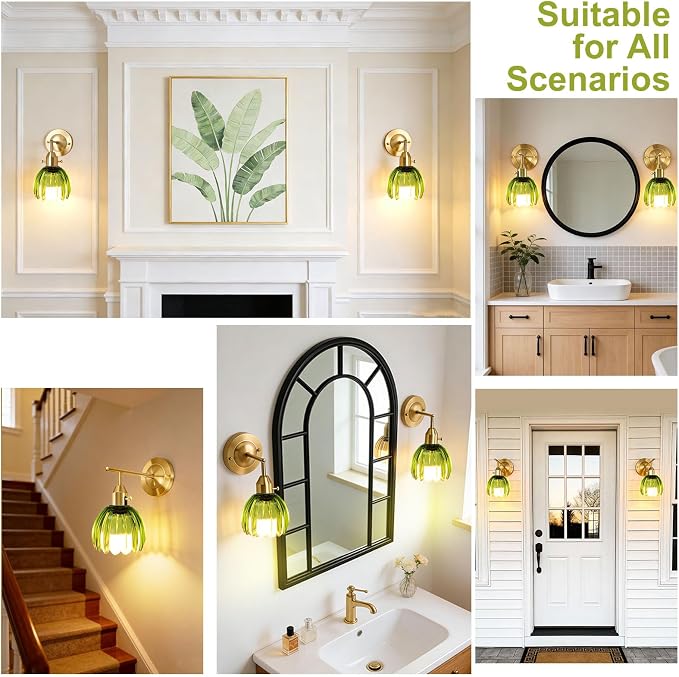 Vintage Wall Sconces Set of 2 with Green Tulip Glass Lampshade, Hardwired and Wireless Wall Mounted Light Fixtures (2 Usage Methods), Gold Lamp with Switch for Bedside Bedroom Living Room Wall Decor