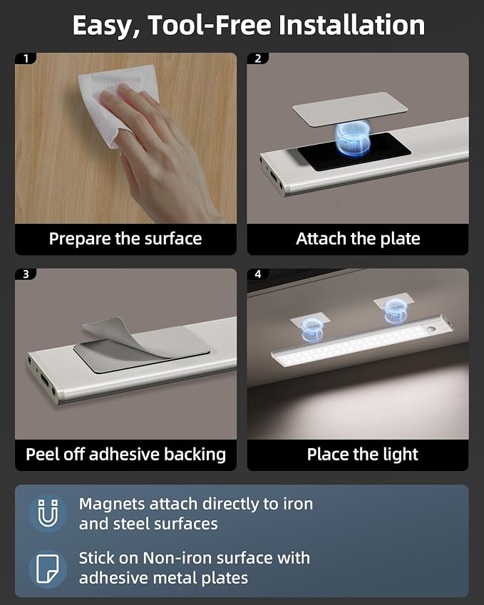10inch Under Cabinet Lights, Wireless Closet Light, Motion Sensor, 1800mAh Rechargeable Battery, Magnetic, 3 Color Temps, 5 Levels Dimmable, Under Counter Lights for Kitchen (2 Pack)
