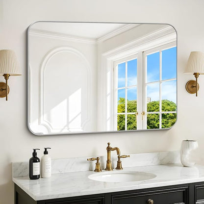 DESBING 40"x30" Bathroom Mirror for Over Sink, Silver Framed Wall Mirror | High-Definition Shatterproof Vanity Mirror with Rounded Corner for Bedroom Living Room Entryway Horizontally or Vertically