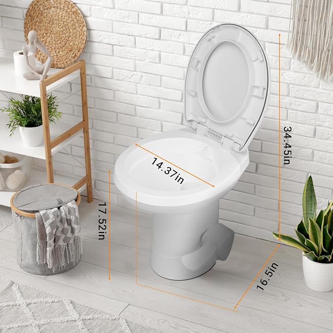 RV Portable Toilet with Gravity Flush –,Hands-Free Foot Pedal Design, Standard Seat Height for Campers & Trailers