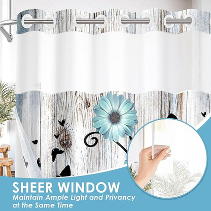 No Hook Shower Curtain with Snap in Liner 71x74 Inch Flower Teal | Rustic Daisy Farmhouse Modern Double Layers Waterproof Fabric with See Through Top Window Open Grommet Bath Curtain