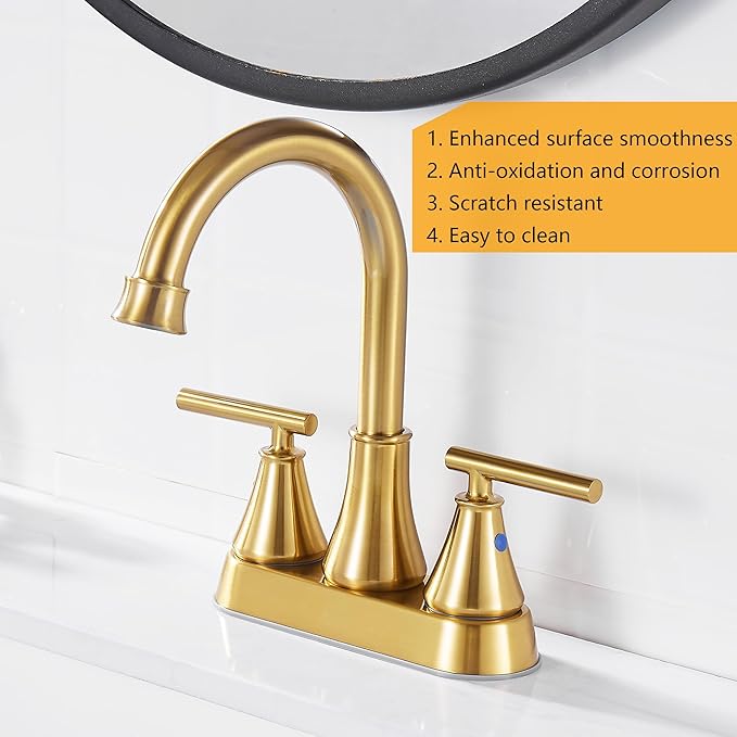 Bathroom Sink Faucet 4 Inch 2 Handle Centerset Brushed Gold Lead-Free Modern Bathroom Faucet Vanity Faucet with Pop-up Drain Stopper and Supply Hoses